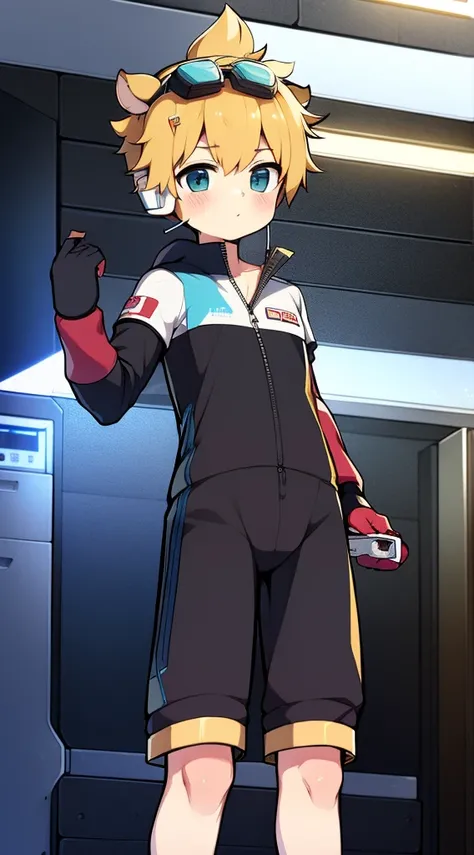 2D boy Shota，One-piece racing suit，Slim, healthy body，Put the headphones on your head，standing，goggles，horns，cow ears