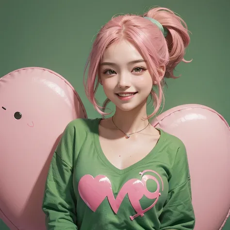 young woman, smiley face, pink hair, ponytail, brown eyes, green shirt with heart shaped opening on chest