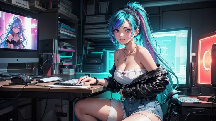 highest quality, Best image quality, girl, 20 years old, medium bust, plump breasts, sparkling amber eyes, aqua eyes, eye reflection, long upper lashes, (((rainbow hair))), long messy hair, Wavy, Top ponytail, ((Black  sexy strapless short tube top)), leat...