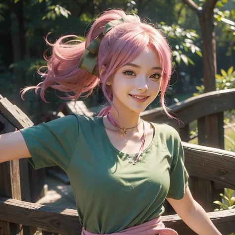 25 year old woman, smiley face, pink hair, ponytail, brown eyes, green shirt Hollow Out Love O Neck, holdind crossbow, fighting stance, Green ribbon