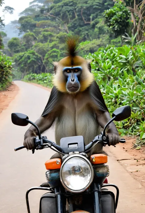 Un simio mandril en motocicleta