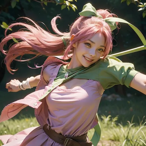 25 year old woman, european, smiley face, pink hair, ponytail, brown eyes, green shirt Hollow Out Love O Neck, holdind crossbow, fighting stance, Green ribbon
