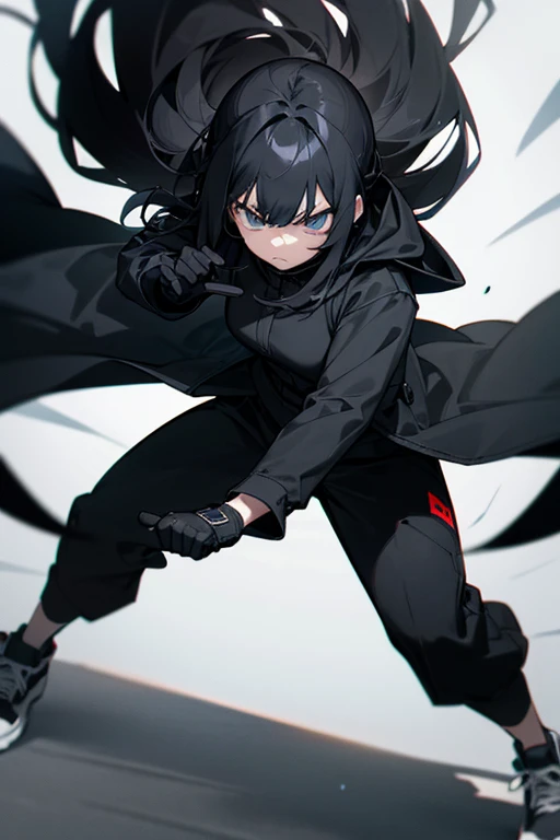 Girl coat black, gloves on hands, serious face, black pants, withe nike sneakers, long hair black, black shirt long, dark power to fight, evil aura power