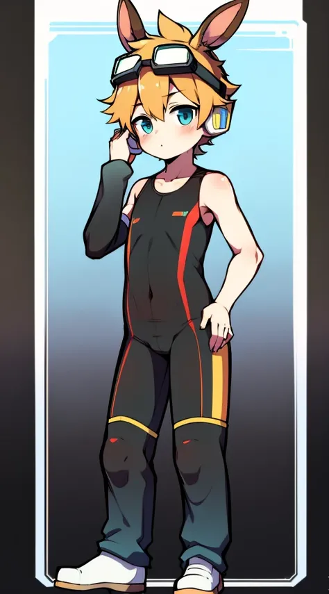 2D Boy Shota，One-piece racing suit，Slim, healthy body，Put the headphones on your head，stand up，goggles，Rabbit ears