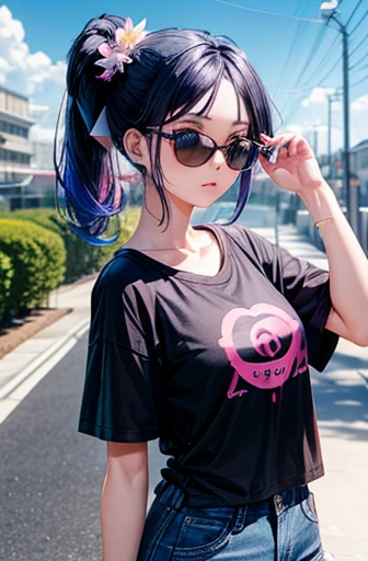 Anime girl with a dark blue hair, french-chinese, named marinatte , woth a blue eyes, wearing a black shirt un button and have a short sleeve inside she wear a white t-shirt that has a pink flower design on it, wearing a sun glasses on her forehead, she we...