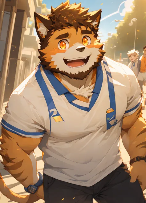 (masterpiece)，(Very detailed)，(best quality)，hairy，Cat，orange fur，Vivid eyes，golden pupils，cute style，Sunny and cheerful，(white casual wear)，((funny expression))，8K，(high quality)，(ultra high definition)，(super detailed)(high school student)(Shota)