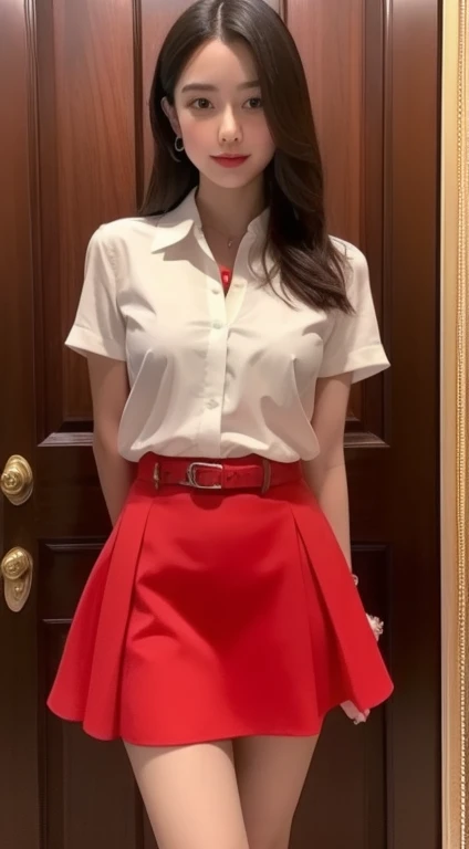 masterpiece,Big European style, ,White shirt, red skirt, red tie