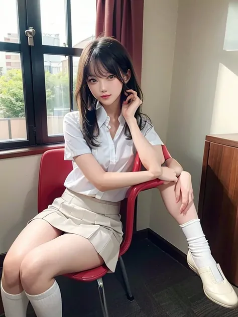 highest quality、8K image、In a classroom with the setting sun shining through the window、1. Sitting in a chair、cute beautiful girl、Sit on a chair with your knees hugged、white blouse、short skirt、I can&#39;t see the white pants.、slender body、small breasts、ton...