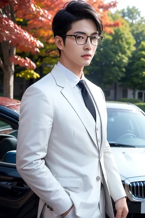 (One wears silver-white titanium alloy thin-rimmed glasses、Wearing a white shirt、Asian man in suit and tie,About 30 years old.Height 180 cm)、best quality、masterpiece、ultra high resolution、(Photo realism:1.4)、original photo、(室外街道上One wears silver-white tita...