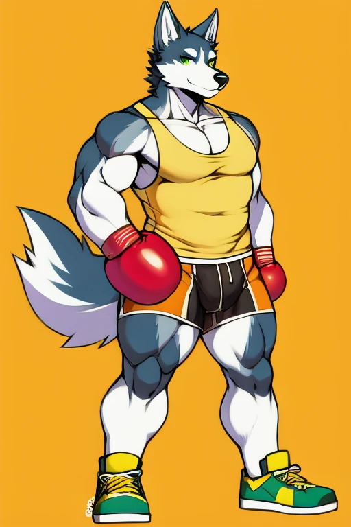 Furry, anthropomorphic wolf, light yellow fur, yellow-green eyes, 63 and 196 lbs, 42" Back, 19" shoulders, 14" Biceps, 33" waist, 23" thighs, 15" calves, 18" Back, wearing pale yellow tank top, wearing golden boxing gloves, wearing golden orange athletic s...