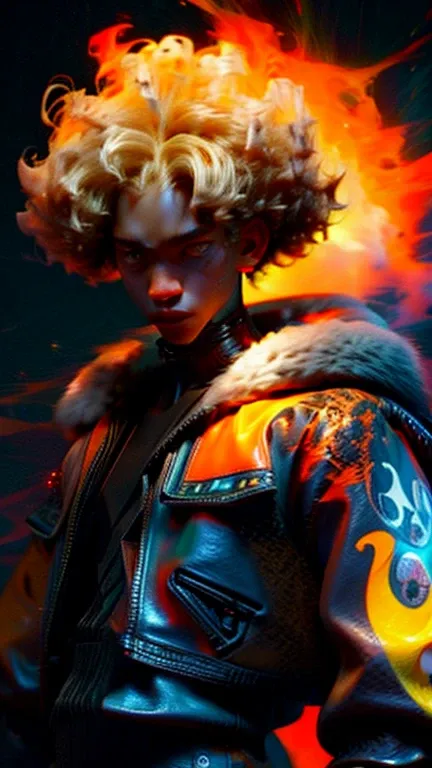 a close up of a person with a black face, Afro American man, black curly Afro, muscular, God, Face resembling Rhea Ripley, black flight jacket with gold trim, Flame Aura, anime art wallpaper 4 k, high resolution, beast form,anime art, black man, glowing ey...