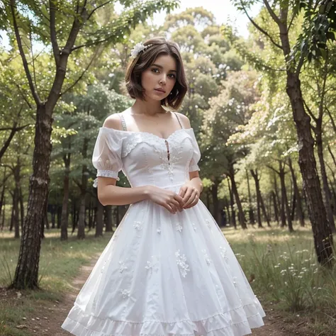 Joven mujer, short brown hair, ojos azules, piel blanca, pink and white fantasy dress, en un bosque, rodeada de flores blancas, con magia blanca en las manos 