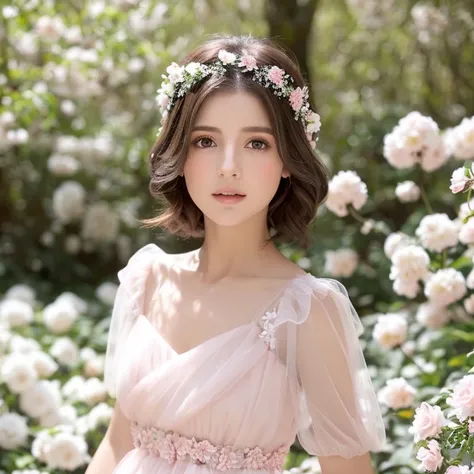 Joven mujer, short brown hair, ojos azules, piel blanca, pink and white fantasy dress, en un bosque, rodeada de flores blancas, con magia blanca en las manos 