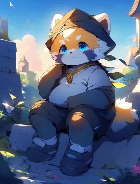 red panda，overweight，black coat，shorts，white socks，leather shoes，cute，sky blue eyes，Gilt，little man，Orange fur，blush，masterpiece，high quality，evening，Alone，A little regret，，Bus plate，wait，big fluffy tail，red panda，full，dusk，Flowing gold，