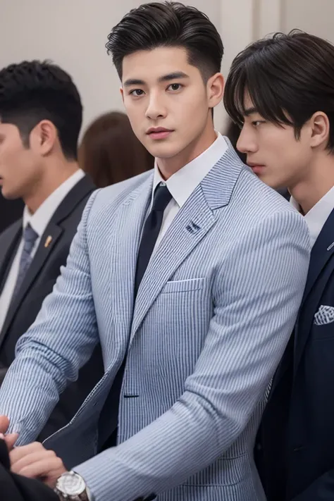 20-year-old fresh and handsome new employee、　（Super handsome S-class suit guy）、　Japanese 20-year-old boy、　merchant、　Ultra-luxury set、　Suit with stripes、　office、　Stand up in a suitＳyoung handsome man、　Full body image、　（CG Unity 8K high-detail photos）、　（a ve...