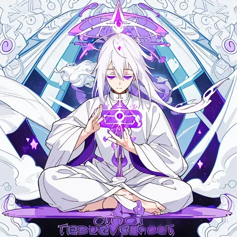 Young white-haired man with purple eyes meditating with cosmic energy around,tiene un traje de Dios de color blanco y morado