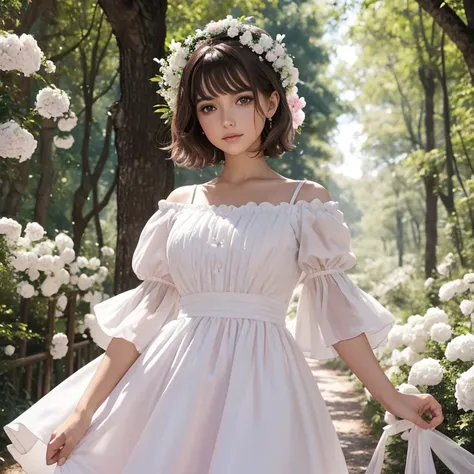 Joven mujer, short brown hair, ojos azules, piel blanca, pink and white fantasy dress, en un bosque, rodeada de flores blancas, con magia blanca en las manos 