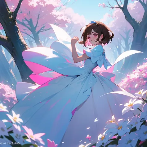 Joven mujer, short brown hair, ojos azules, piel blanca, pink and white fantasy dress, en un bosque, rodeada de flores blancas, con magia blanca en las manos 