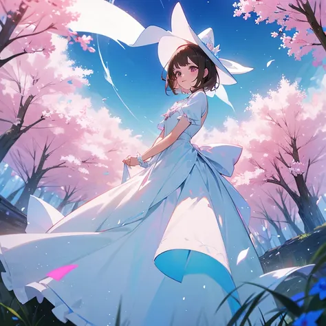 Joven mujer, short brown hair, ojos azules, piel blanca, pink and white fantasy dress, en un bosque, rodeada de flores blancas, con magia blanca en las manos 