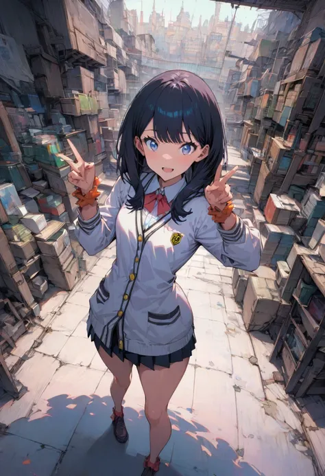 girl, takarada rikka, gridman universe, standing, v pose, happy, looking at viewer, indoors, cinematic angle, realism, detailed background, best quality, masterpiece, very aesthetic, perfect composition, intricate details, ultra-detailed, Animagine