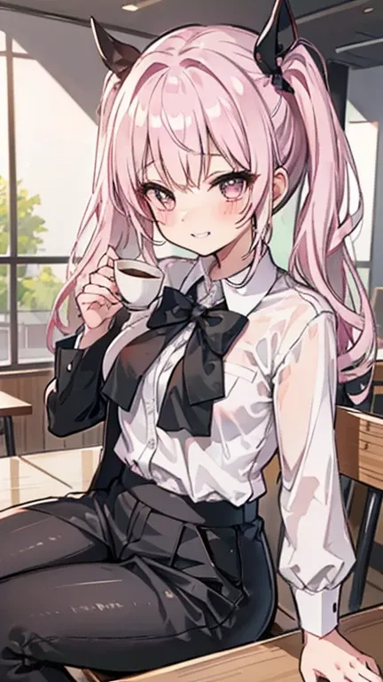 extreme close up, White shirt and black suit trousers with pink twin tails,A dignified and wonderful girl, at the cafe, grin and laugh, Coffee included