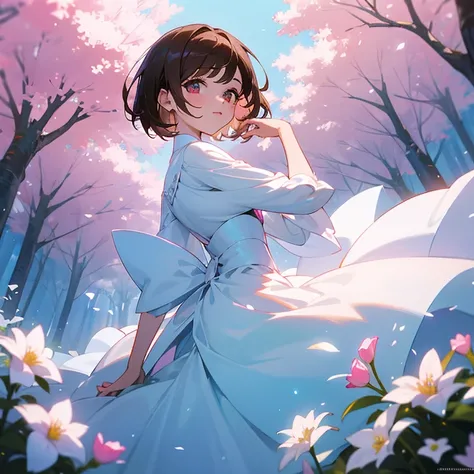 Joven mujer, short brown hair, ojos azules, piel blanca, pink and white fantasy dress, en un bosque, rodeada de flores blancas, con magia blanca en las manos 