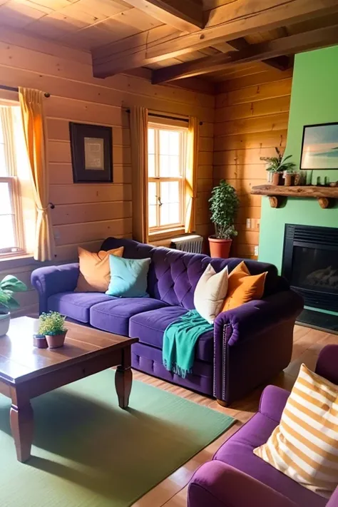 Living Room, inside log cabin, paprika tufted chesterfield couch, velvet sofa, pastel purple throw pillow, pastel yellow throw pillow, pastel mint green throw pillow, rustic coffee table, potted lavender plant, potted orange mandarin plant, potted golden P...