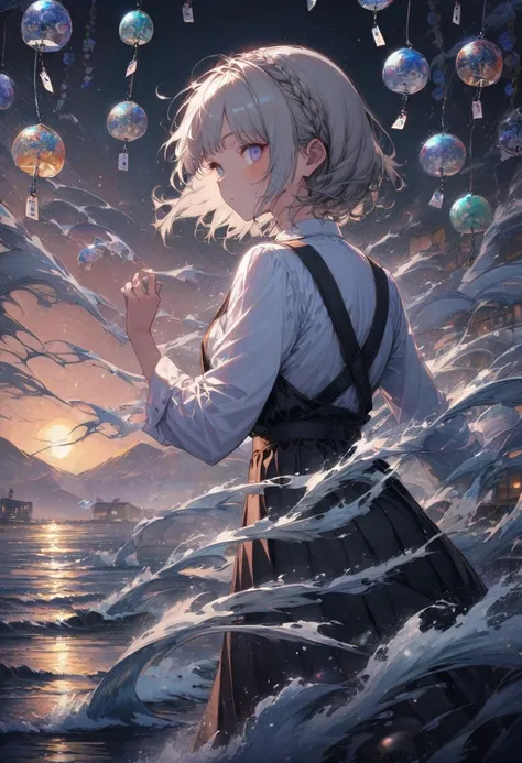 girl, square face shape with angular jaw, platinum blonde hair, crown braid, from behind Wind Chime Exhibition, blizzard with soft moonlight, sunrise reflection on the water, pinafore dress, realism, detailed background, best quality, masterpiece, very aes...