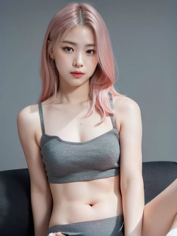 highest quality, masterpiece, ultra high resolution, (realistic:1.5), Raw photo, 1 girl aged 16,simple gray background、in the dark, deep shadow, cold light, sexy look, pink hair,(((Tube top、beautiful navel, spread your legs、small breasts)))