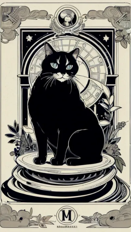 (Masterpiece, Best Quality, Highres:1.4), Detailed, Intricate Details, 4K,
color splashes, line art, art, fibonacci, a tuxedo cat sitting on top of a black, blue and white poster, cat design, god of cats, high detailed + tarot card, tarot card design