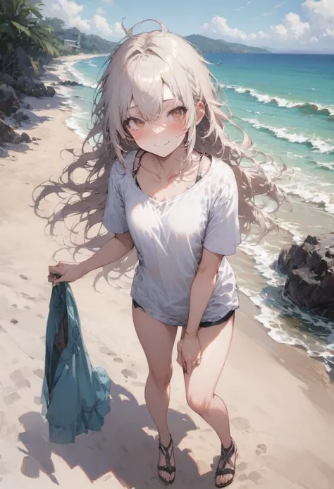 girl, bare legs, brown eyes, platinum blonde hair, collarbone, full body, long hair, looking at viewer, messy hair, sandals, shirt, short sleeves, sleepy, smile, standing, t-shirt, thighs, beach, realism, detailed background, best quality, masterpiece, ver...