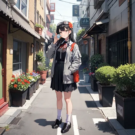 girl, girl absurdres akziqi alley bag black_eyes black_footwear black_hair black_skirt building city closed_mouth collared_shirt day drink drink_pouch expressionless flower flower_pot goggles goggles_on_head grey_jacket grey_socks hair_ornament hairclip ha...