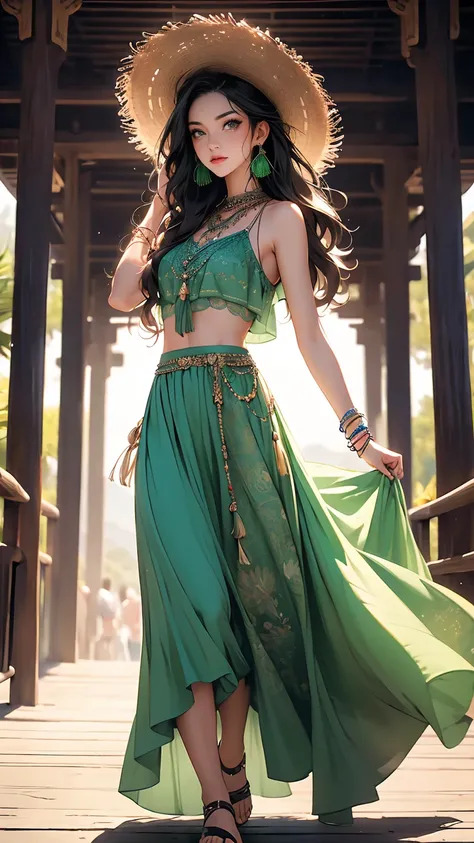 ((masterpiece, Best quality, A high resolution, ultra detailed),(beautiful and aesthetically pleasing:1.2), 1 woman, adult, perfect body, wavy black hair, ((green eyes)), detailed eyes and face, Full body, Boho-Chic Summer Outfit: Flowy maxi skirt, Cropped...