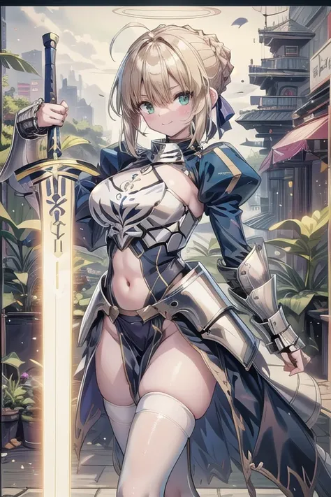 Artoria Pendragon (saber),Yellow theme，holdingsword，armor，exposing your navel，SakuraNS，Promotional poster style，((big breasts)1.2)，exposing your navel，Sexy one-piece stockings，Happy look，Fleshy thighs