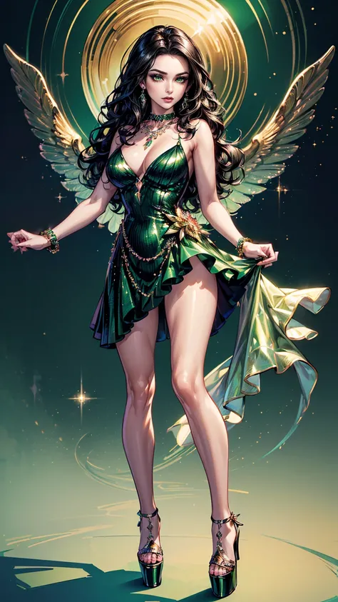 ((masterpiece, Best quality, A high resolution, ultra detailed),(beautiful and aesthetically pleasing:1.2), 1 woman, adult, perfect body, wavy black hair, ((green eyes)), detailed eyes and face, Full body, Glamorous Party Look: Sequin mini dress, Statement...