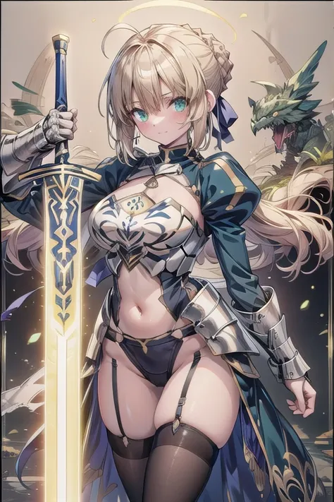 Artoria Pendragon (saber),Yellow theme，holdingsword，armor，exposing your navel，SakuraNS，Promotional poster style，((big breasts)1.2)，exposing your navel，Sexy one-piece stockings，Happy look，Fleshy thighs