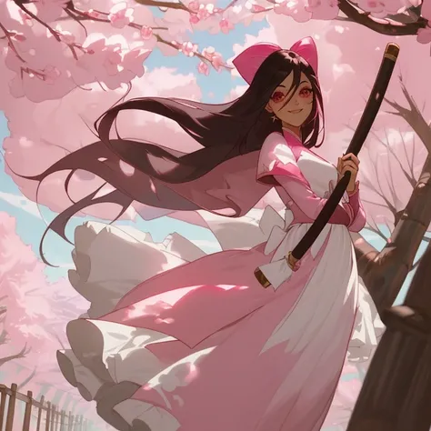 Joven mujer, ojos rosas, cabello rosa claro, largo, ondulado, pink and white asian dress, rodeada de sakuras, orejas de zorro rosa, cola de zorro rosa, con un abanico blanco, caminando y sonriendo