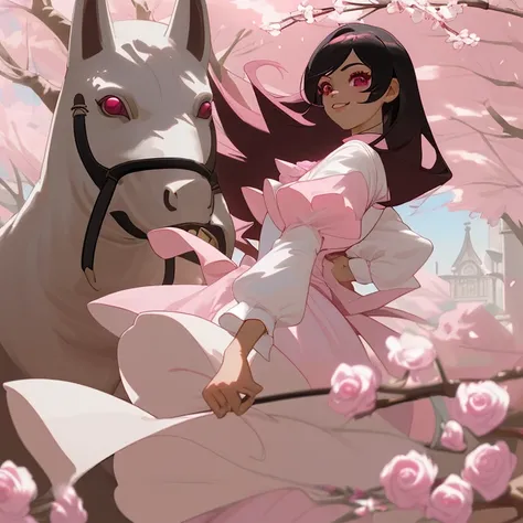 Joven mujer, ojos rosas, cabello rosa claro, largo, ondulado, pink and white asian dress, rodeada de sakuras, orejas de zorro rosa, cola de zorro rosa, con un abanico blanco, caminando y sonriendo