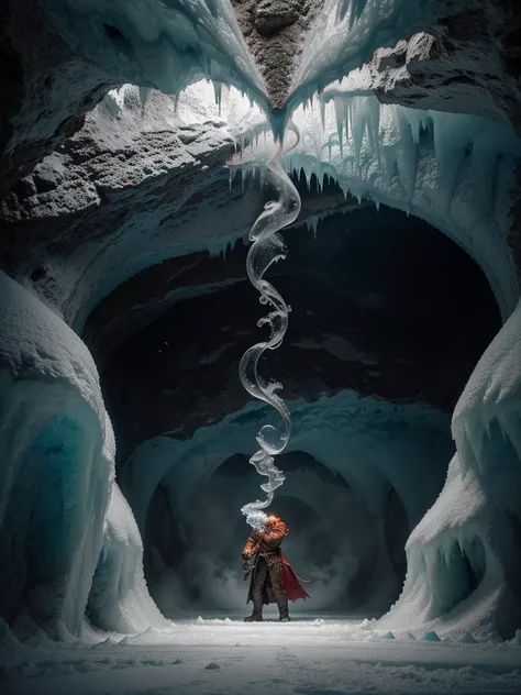 obra de arte, Melhor qualidade, absurdos, antomia perfeita, montanhas de gelo, an ice cave pouring ice smoke, with a dragon in the depths of smoke 