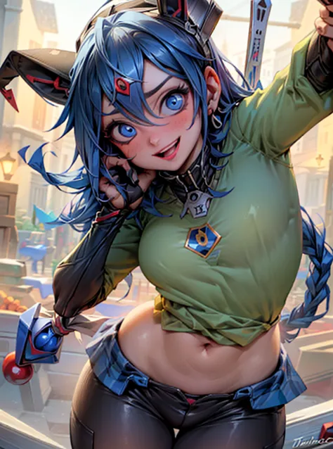 (harleywaifu atirando com uma arma:1), (blue olhos, mascarar, domino mascarar, tem, may, jester cap, inventar, pintura facial, l...