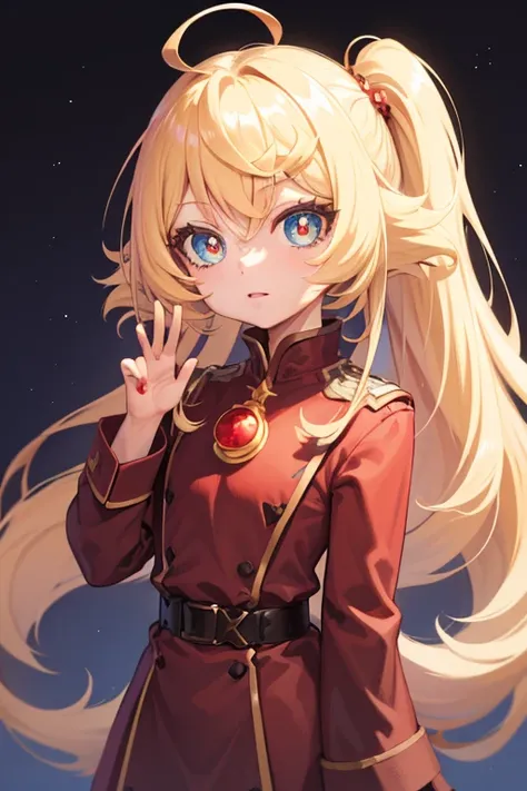 1girl, Single,  Hoshino Ruby, Symbol-shaped pupils, (The left pupil is star-shaped:1.2), Radiant eye, (Star in the left eye:1.2), Symbol in the eye, Red eyes, long hair, Blonde hair, Explosions, Blush, (side ponytail:1.1), زي ds9st