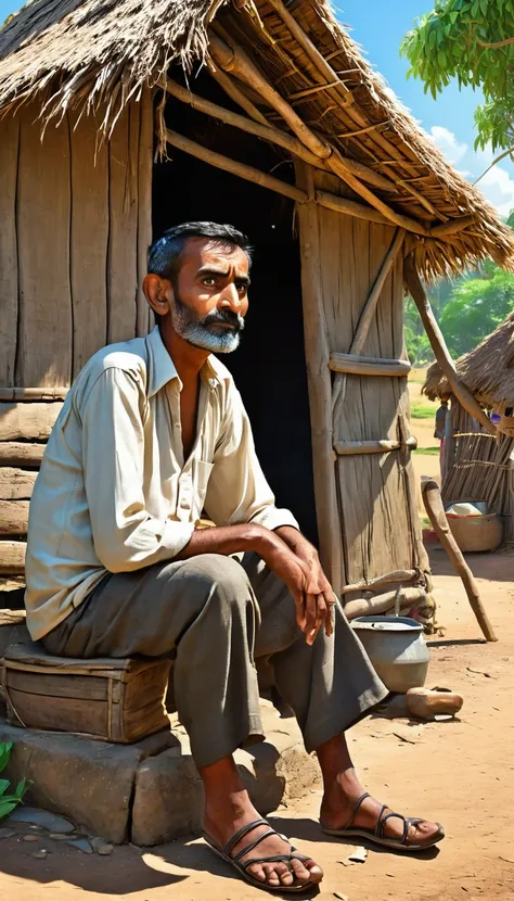  A humble village scene with a man Ramu sitting outside his small hut, looking determined with a sparkle in his eyes. Cartoon style 