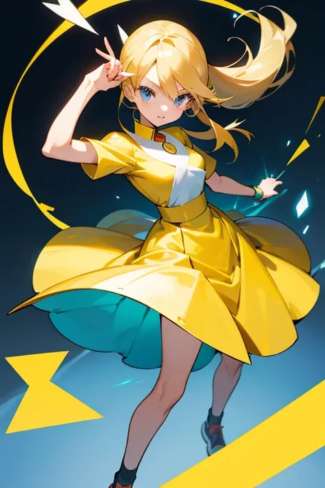 Manga artwork A girl Pokémon trainer in the Pokémon trainer outfit holding a pokeball. She has blonde mid length hair and blue eyes wear a yellow dress. Doing a Pokémon trainer pose 