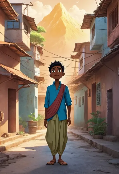 Meet Ramu, a man with a big dream despite humble beginnings. Describe his determination and hope as he gazes into the distance, envisioning a brighter future for himself and his family. Cartoon style 