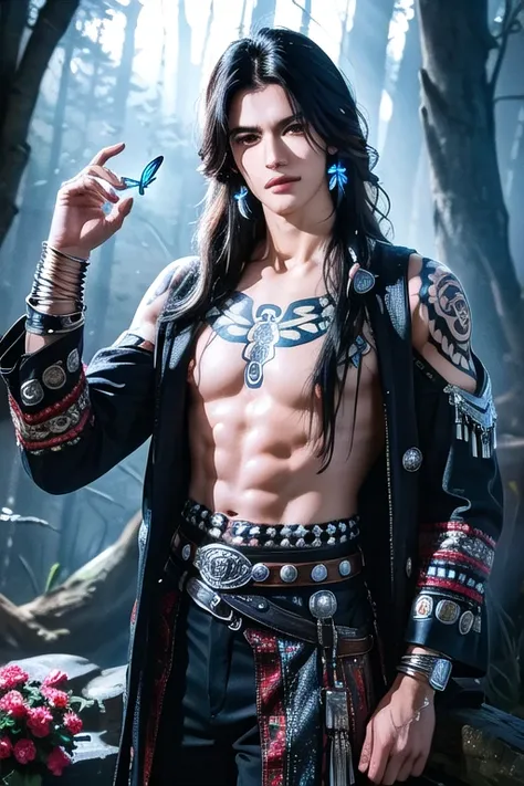 Masterpiece, best quality, 8k, CG, HDR, Side lighting, Cowboy Shot, hair tie, Mznan, handsome man, (look at viewer:1.3), collarbone, long hair, decorations, bracelet, long sleeve, tattoo, particle, butterfly, sky, forest, 