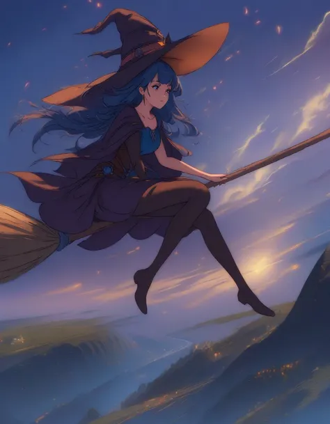 1girl, flying witch, (sit on a broom:1.5), witches flying in the sky with their brooms and hats, wraiths riding in the sky, sky witch, flying on the broom, rob rey, by Alexander Kucharsky, fantasy illustrations, fantasy illustration, wlop and rhads, flying...