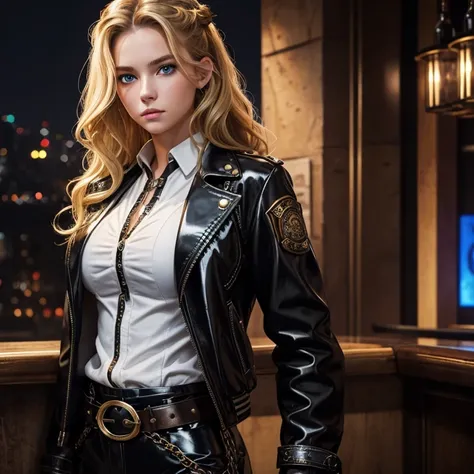 20-year-old girl with blonde brown hair, wavy hairstyle, white shirt, black Steampunk jacket, latex pants, black leather belt with lion buckle, blonde locks, looking straight at the viewer, blue eyes, night bar background 