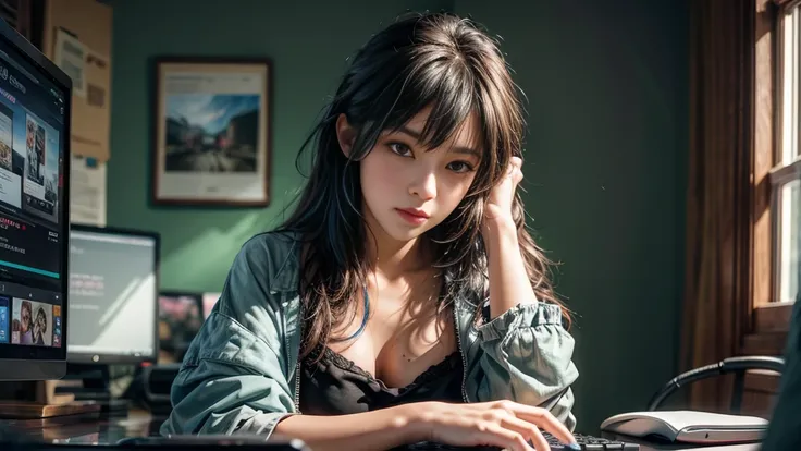 ultra-detailed, cute woman, petite stature, enormous breasts, white skin, alluring figure, rainbow hair, long messy hair, long upper eyelashes, eyebrows behind hair, upturned eyes, light blush, seductive smile, background((dark and messy gaming room, Serve...