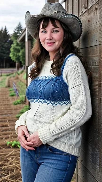 beautiful 54 year old white woman, chubby, wavy brunette hair with (greying), blue eyes, happy, red cable knitted sweater, cowboy hat, blue jeans, farmland in background, detailed, HDR, photo circa 2010