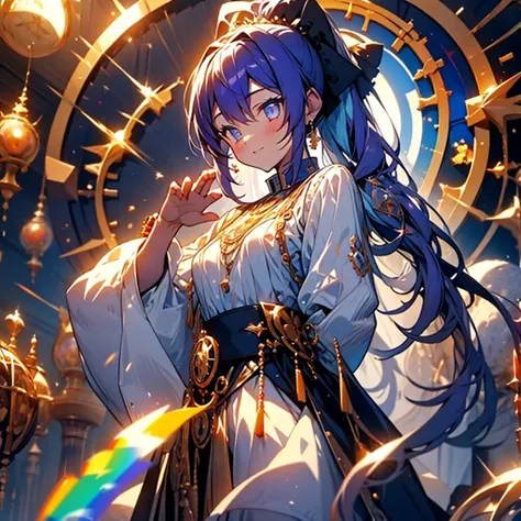 highest quality,(highest quality)),((table top)),((perfect face)),(background blur),Girl in white and light blue dress,purple eyes,purple hair, full body, ponytail,Brave,small breasts,fantasy,stained glass style,((holographic))